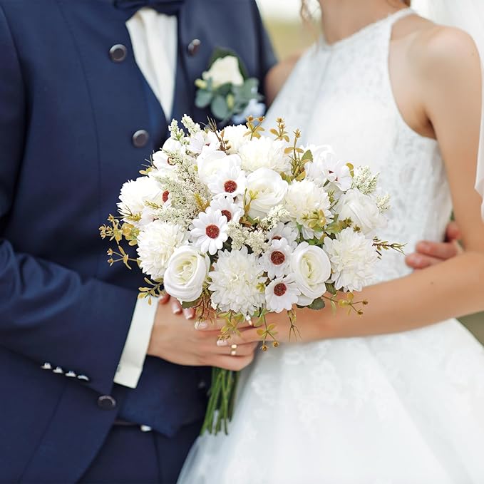 Dremisland Artificial Flowers Like Real Artificial Bouquet 2 Packs Silk Artificial Roses Bouquet with Daisy Chrysanthemum White Flowers for Centerpiece Table Wedding Party Home Decor