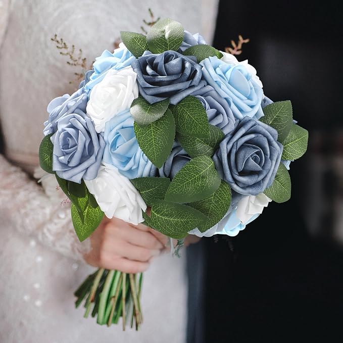 100 Pcs Artificial Foam Rose Faux Bouquet with Leaves and Stems for DIY Wedding Bouquets Centerpieces Bridal Shower Party Valentine Home Decorations (Blue and White Gradient)