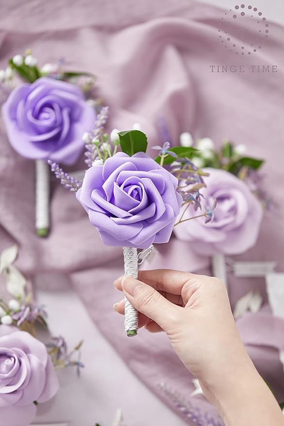 TINGE TIME Boutonniere for Men Wedding,Groom and Best Man Boutonniere for Wedding Ceremony Anniversary, Formal Dinner Party and Rustic Spring Wedding Marriage (10, Noble Purple)