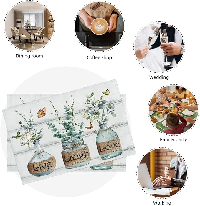 Eucalyptus Placemats Set of 6 Farmhouse Green Botanical Table Mats Washable Place mats for Home Party Indoor Kitchen Dining Table Decoration 12x18 Inch