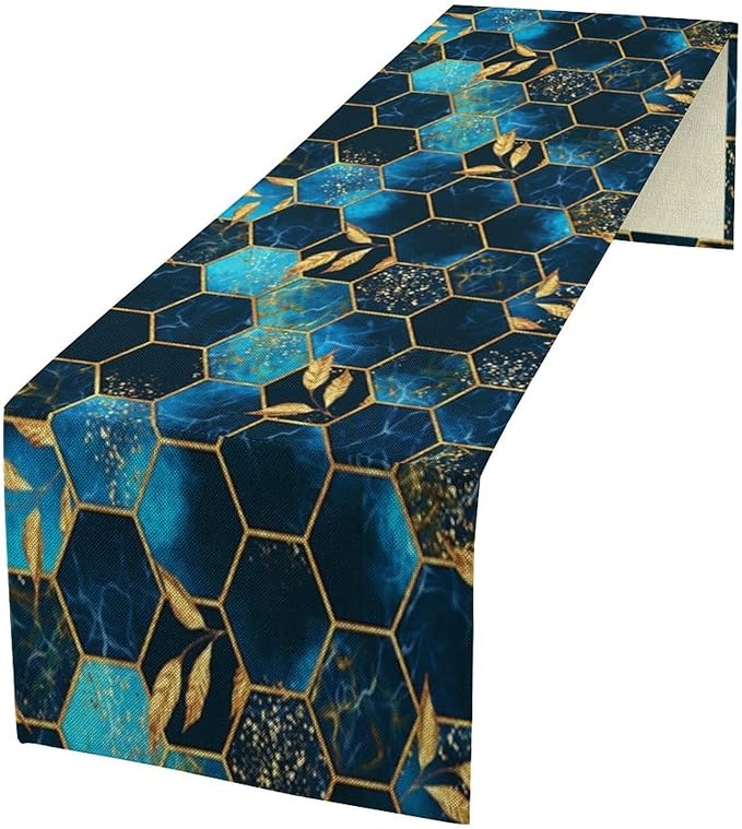 Sky Blue Honeycomb Table Runner Abstract Sea Blue Marble Hexagon Texture Golden Leaves Seasonal Dinner Runner Table Decoration for Farmhouse Home Kitchen Dining Holiday Party 13x36in