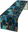 Sky Blue Honeycomb Table Runner Abstract Sea Blue Marble Hexagon Texture Golden Leaves Seasonal Dinner Runner Table Decoration for Farmhouse Home Kitchen Dining Holiday Party 13x60in