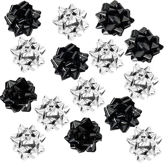 15 Pcs Gift Bows Assortment, Decor for Christmas, Birthdays, Weddings, Holiday Embellishments, Presents, Wrapping Paper, Anniversaries, Baby Showers, Bridal Showers, Hanukkah (Black+Silver)
