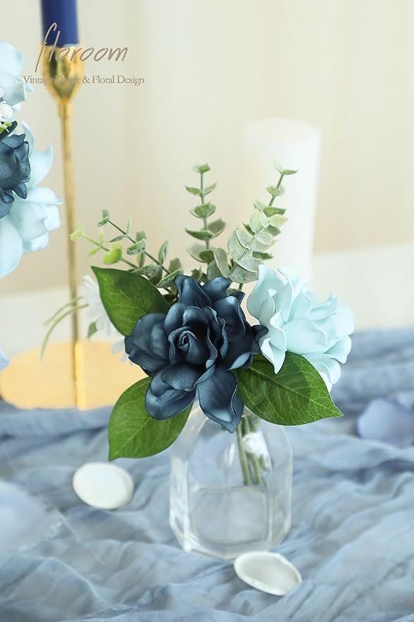 Floroom Artificial Gardenia Flowers 2.7" 25pcs Real Looking Dusty Blue Shades Foam Fake Flowers with Stem for DIY Wedding Bouquets Bridal Shower Centerpieces Floral Arrangements Party Table Decoration