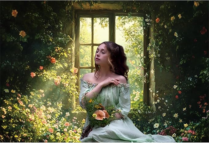 Baocicco 12x8ft Spring Window Photography Backdrops Sunshine Oil Painting Flowers Background Cloth for Marriage Valentines Mothers Day Engagement Party Decoration Photo Props Background Supplies