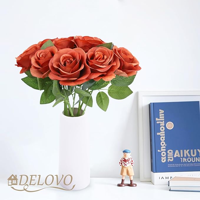 52pcs Burnt Orange Roses Artificial Flowers Fake Flowers Silk Roses with Stems for DIY Wedding Bouquets Bridal Shower Centerpieces Arrangements Party Decorations