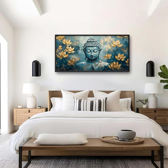 Buddha Large Wall Art Framed Wall Decor for Living Room Buddhist Lotus Pictures Oversized Canvas Print Painting Modern Extra Large Artwork for Bedroom Office 60"x30"