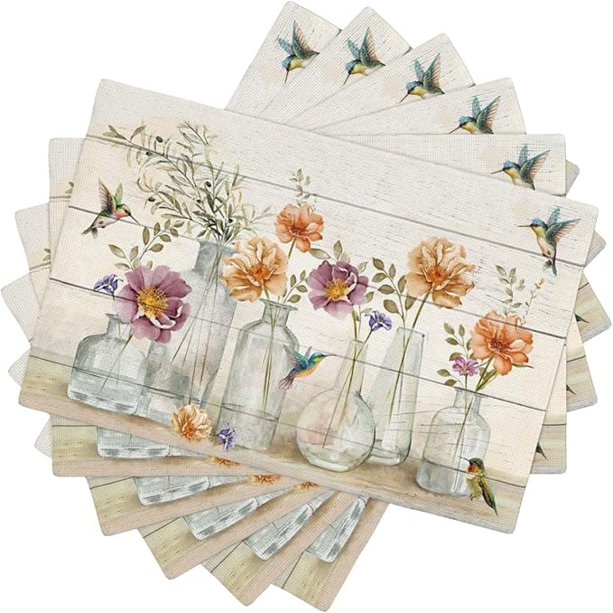 Floral Placemats Set of 6 Flower Hummingbird Table Mats Washable Place Mats for Home Party Indoor Kitchen Dining Table Decoration 12x18 Inch