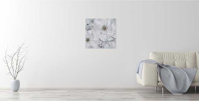 SYGALLERIER White and Gray Flower Blooms Wall Art - Handcrafted Floral Canvas with Gold Foil Embellishments Modern Flower Wall Decor for Livingroom Bedroom Bathroom 40X40