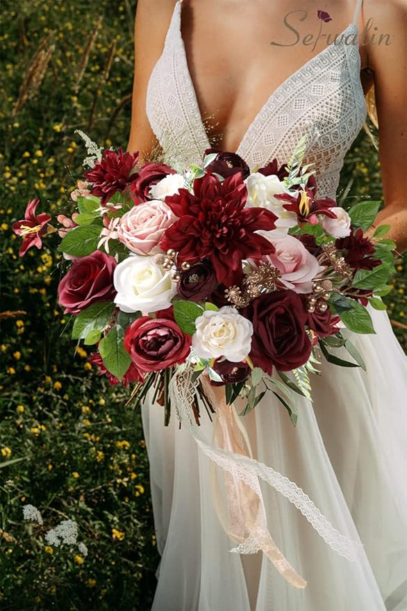 Serwalin Artificial Flowers, Burgundy Pink Flowers Fake Silk Flowers for DIY Wedding Bridal Bouquets, Wedding Cake Flowers for Table Centerpieces Bridal Shower Birthday Party Home Fall Decor