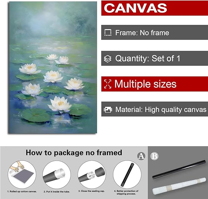 Zen wall art Delicate white lotus flower floating on calm water Vintage oil painting print Serene aquatic wall art creates a tranquil home decor 28x40in Frameless