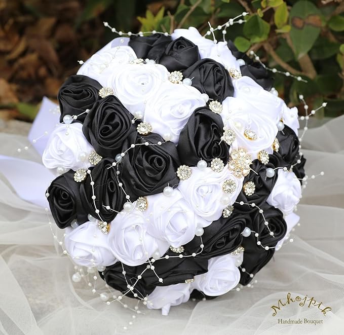 Bridal Wedding Bouquet Round Bling Brooch Bouquet Throw Toss Artificial Rose Flower Bunch for Bride Bridesmaid Wedding Quinceanera(White & Black, 8.7")