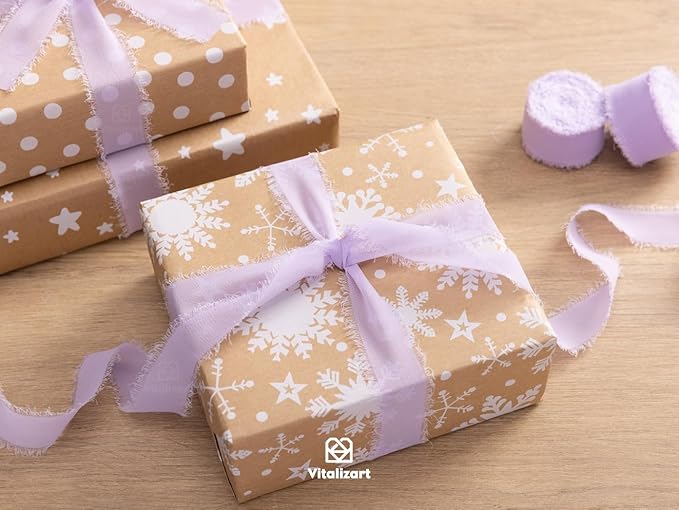 Vitalizart Lavender Purple Chiffon Silk Ribbon 1" x 21 Yd Fringe Fabric Package (3 Rolls * 7 Yd) for Wedding Invitations Bridal Bouquets Decorations Gifts Wrapping & Bow Making Lilac