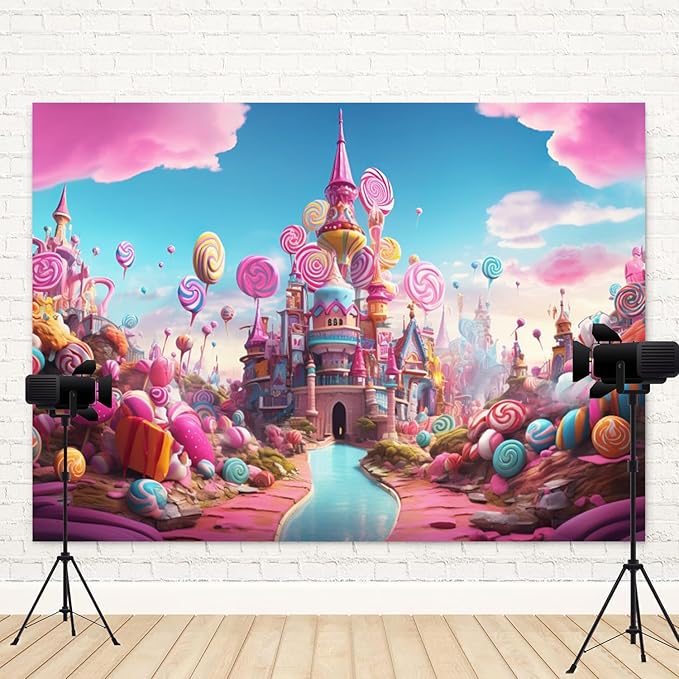 10x6.5ft Candyland Backdrop Sweet Candy Castle Photography Background Colorful Lollipop Blue River Cartoon Kids Birthday Banner Decorations Baby Shower Newborn Portrait Photo Booth Prop