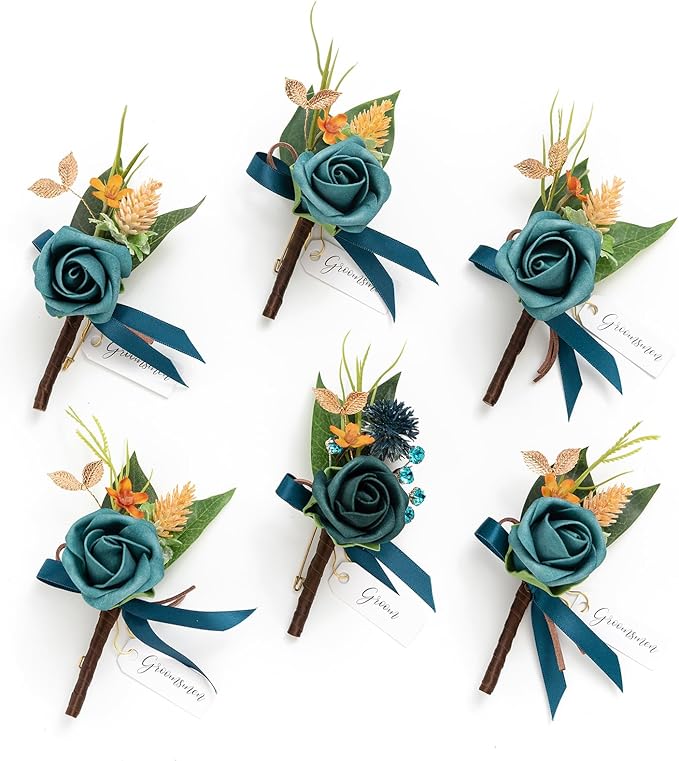 Ling's moment Boutonniere for Men, 6pcs Groom Groomsmen Boutonniere, Artificial Flowers for Wedding Decor/Prom/Homecoming, etc.Dark Teal Burnt Orange
