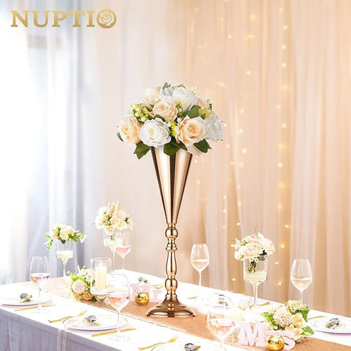 10 Pcs Tabletop Gold Metal Wedding Flower Trumpet Vase, 16.5 inch Table Decorative Centerpiece Artificial Flower Arrangements for Anniversary Ceremony Party Birthday Event Home Decoration (Gold)