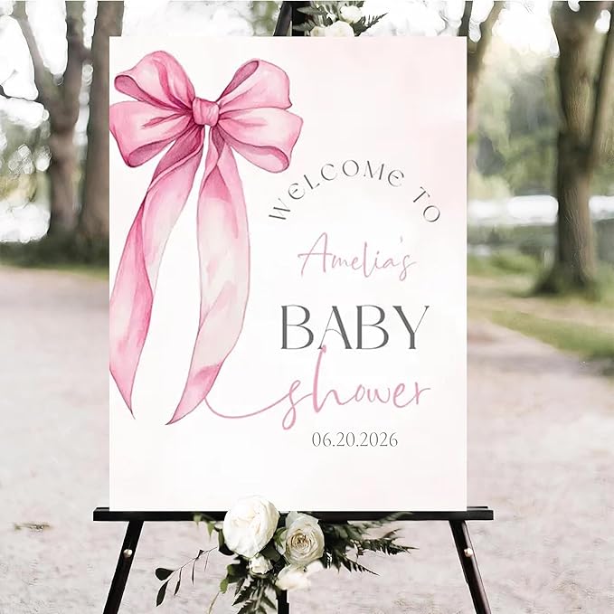 Personalized Pink Bow Baby Shower Welcome Sign, Custom Minimalist Bow Baby Girl Party Sign, Baby's Shower Gifts, Birthday Gifts, Gender Reveal Decorations, Newborn Announcement Party Supplies - 18