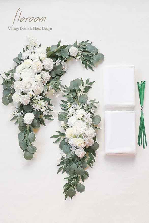 Floroom Arch Flowers with Drapes Kit (Pack of 4) - 2pcs Artificial Ivory & White Floral Swag Arrangement with 2pcs Draping Fabric for Wedding Ceremony Arbor and Reception Backdrop Decoration