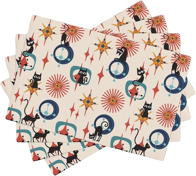 Mid Century Black Cat Modern Placemats Set of 4,Kitchen Table Mats for Dining Outdoor Home Decor 12x18 Retro Place Mats 4 PCS, Style-17