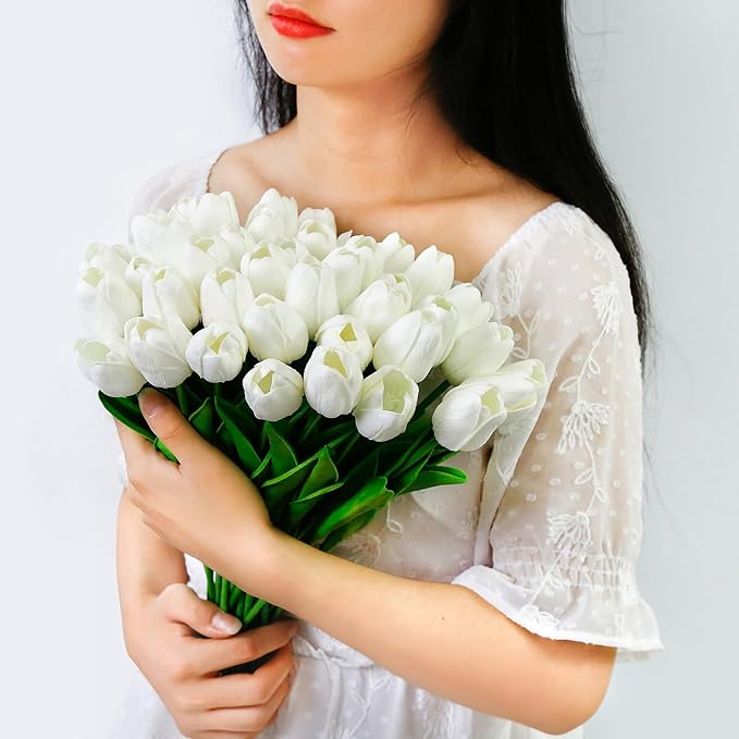 36 PCS White Tulips Artificial Flowers 13" PU Fake Flowers for Wedding Home Decor(White)