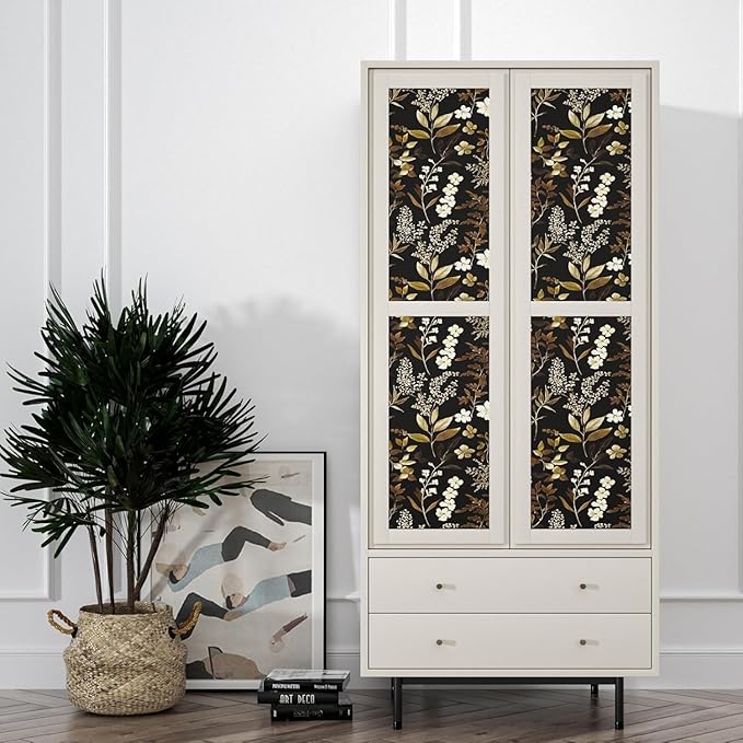 Vintage Leaf Wallpaper Peel and Stick Gold Leaf Contact Paper 17.4" x 393" Black Floral Waterproof Self-Adhesive Wall Covering for Bedroom Countertop Desk Cabinets