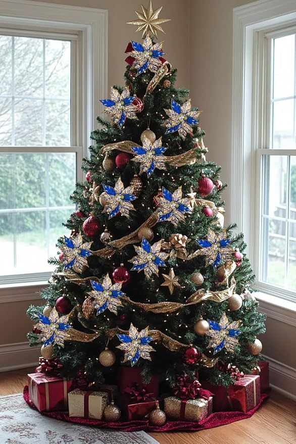 Hollyone 3PCS Poinsettia Christmas Flowers Artificial 11" Large Blue and Gold Glitter Poinsettia Flowers Christmas Tree Ornaments Floral Picks for Tree Wreath Garland Vase Table Centerpiece Home Decor