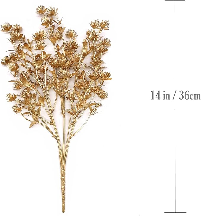 PASYOU Fake Plants Decoration for Christmas, Artificial Flowers Golden Plastic Leaves Grass Faux Outdoor Indoor Home Garden Party Room Bedroom Office Wedding Table Centerpiece DIY Decor, Gold 2 Pack