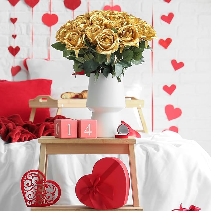 30pcs Fake Roses Artificial Silk Flowers Long Stems Bouquet for Wedding Bridal Shower Party Home Decoration (Gold)
