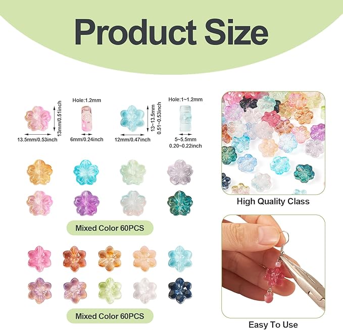 120Pcs Glass Flower Beads Colorful Cherry Blossom Crystal Beads Cute Floral Charm Bead Spring Plant Loose Spacer Bead for DIY Crafts Friendship Bracelet Earring Necklace Jewelry Making