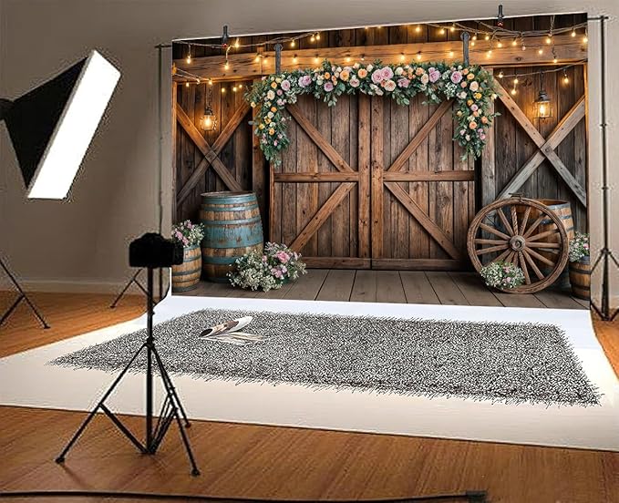 6x4ft Country Wedding Photography Backdrop Rustic Barn Door Photography Backdrop Farmhouse Pink Flower Cabin Wooden Birthday Baby Shower Wedding Bridal Party Banner Photo Booth Props Background