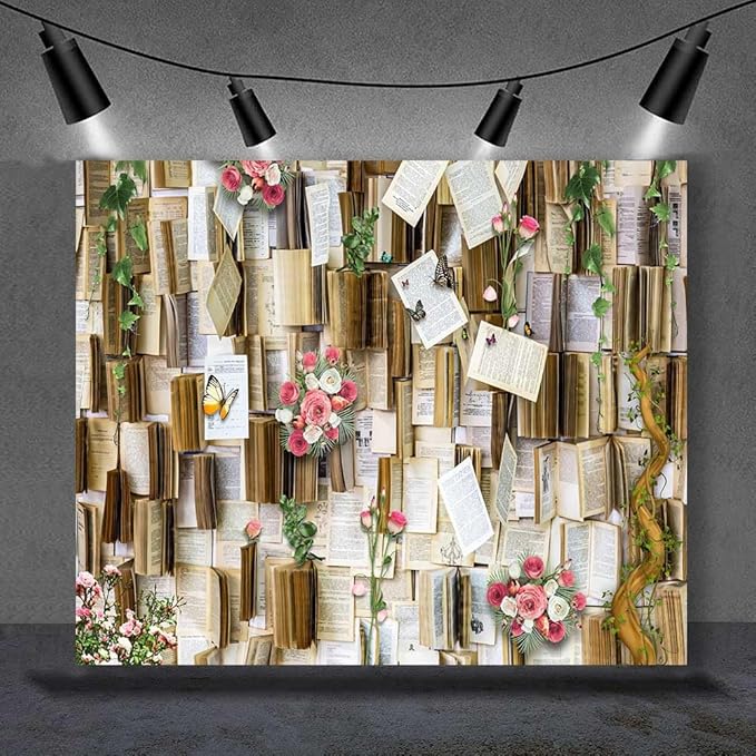 8x8ft Vintage Bookshelf Background Books Pink Flowers Weeding Decor Photo Backdrop Girls Party Kids Baby Shower Birthday Baby Shower Photo Studio Props KUBDJ731