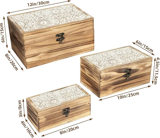 Set of 3 Wood Decorative Boxes, Rustic Farmhouse Keepsake Box Wooden Box with Hinged Lid and Floral Carved Design, Decorative Boxes for Home Decor, Brown