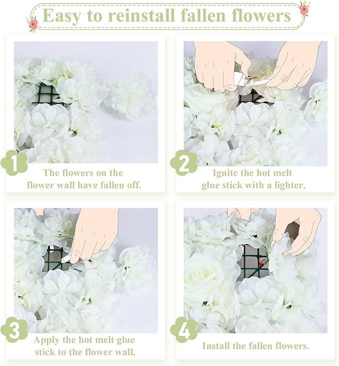 FUHSY Flower Wall Backdrop White Rose Wedding Backdrop 3D Floral Wall 12 PCS 15X15 Inch Artificial Flower Wall Panels Flower Photo Background for Bridal Shower Party Arrangement Event Decorations