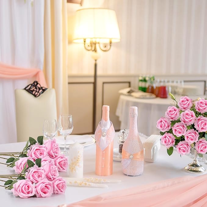 Jexine 60 PCS Artificial Roses Bulk Silk Flowers with Long Stems, Realistic Faux Rose Bouquet for Wedding Centerpieces, Valentine’s Party, Home Decor(Pink)