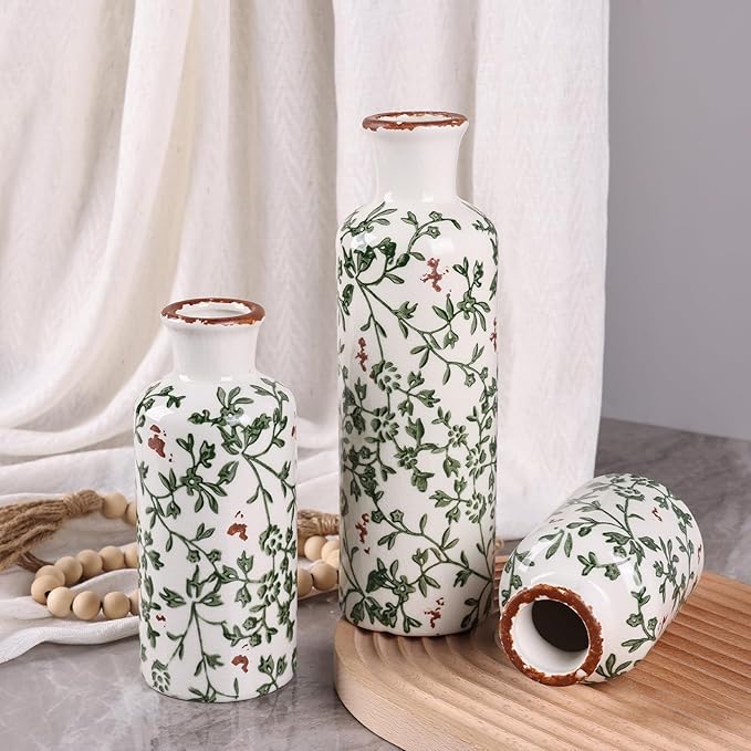 Ceramic Vase Set of 3 - Modern Chinoiserie Green Floral Decorative Vases for Home Decor, Rustic Farmhouse Boho Vases for Living Room, Mantel, Dining Table, Bookshelf, Kitchen or Entryway Decoration