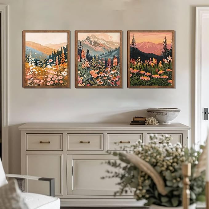 Colorful Nature Floral Wall Art Set of 3 24x16in Wood Framed, with 9 Bonus 8x10in Poster Art Prints, Boho Retro Wildflower Landscape Artwork Wall Decor for Living Room Bedroom Home Decor