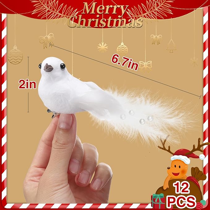 12 Pcs Artificial Christmas Dove Birds with Clip, White Feather Xmas Tree Ornaments Wreath Flower Arrangement Supplies for Party Wedding Decor DIY Craft Gifts