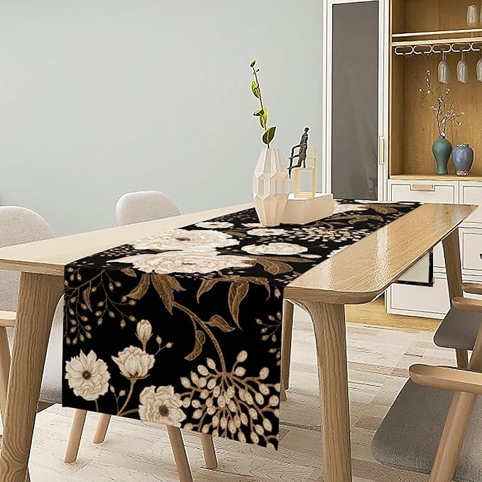 Black Gold Floral Table Runner, Retro Peony Rose Flowers Oriental Style Gothic Garden Print Table Runner for Farmhouse Kitchen Indoor Outdoor Decoration, 13x36inch