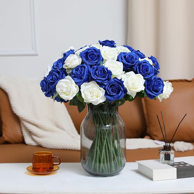 Tifuly Roses Artificial Flowers - 12 pcs Realistic Long Stem Fake Roses Mashup Style Silk Roses for DIY Bouquets Wedding Centerpieces Arrangements Home Party Decor（White & Blue）