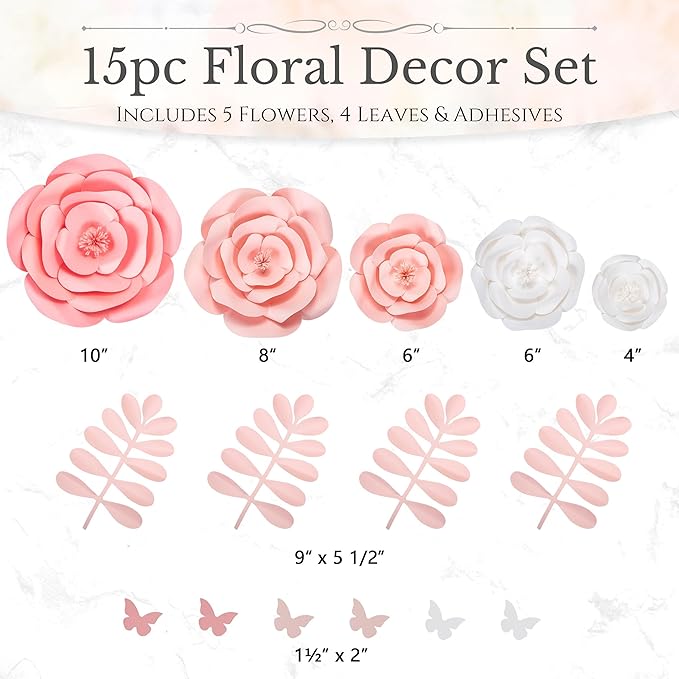 Rainbows & Lilies 15pc Large Paper Flowers Decorations for Wall - Reusable 3D Wall Decor for Girls Room, Nursery & Kids Bedroom - Pink & White Artificial Roses for Baby Shower, Wedding, Party Backdrop