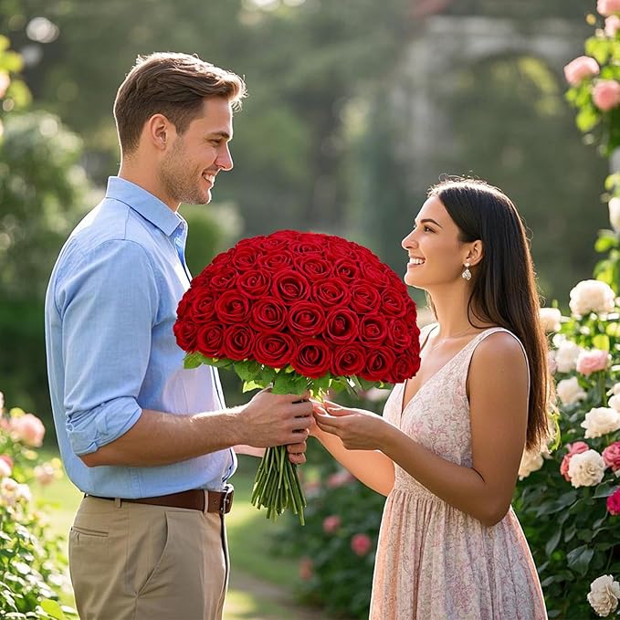 Waipfaru 100 Pcs Red Roses Artificial Flowers Bulk, Real Touch Velvet Roses with Wrapping Paper, Fake Flowers for Wedding Centerpieces Bridal Bouquet Valentines Mothers Day Decor