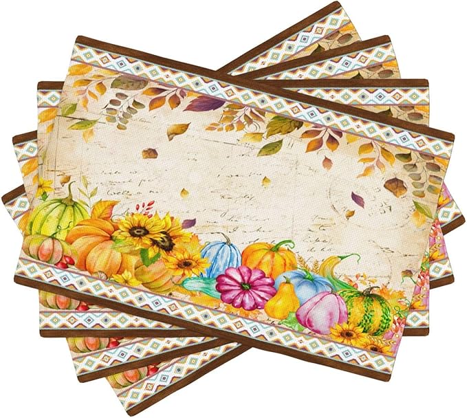Fall Pumpkin Kitchen Placemats Vintage Rustic Farmhouse Aztec Pumpkins Maple Leaves Sunflowers Harvest Thanksgiving Placemats Table Kitchen Dining Party 12x18 Inch Set of 4