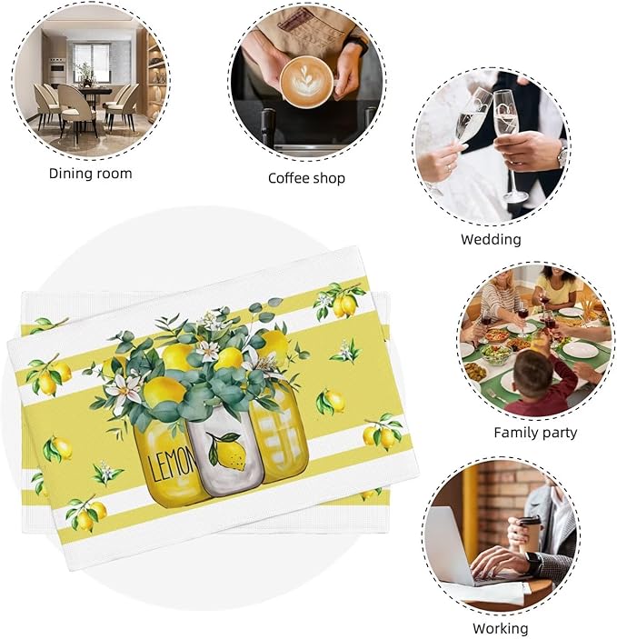 Lemon Kitchen Table Placemats Set of 6 Retro Country Floral Plant Print Placemat Indoor Outdoor Party Home Desktop Dining Room Decor 12x18 Inch