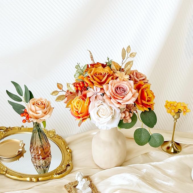 Artificial Flowers Combo Box Silk Burnt Orange Roses with Stems Sunset Terracotta DIY Bridal Wedding Bouquets Fall Boho Cake Fake Floral Arrangements Baby Shower Party Table Centerpieces Home Decor