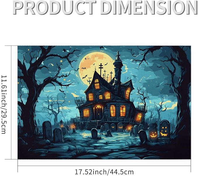 Halloween Castle Moon Scary Placemats Set of 6 PVC Vinyl Non Slip Table Mats Heat Resistant Place Mats Washable Wipeable Dining Table Mat for Kitchen Decor Party Indoor Outdoor Decorative Gift