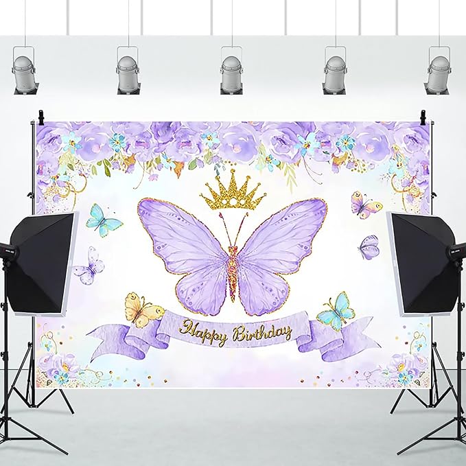 Renaiss 10x7ft Happy Birthday Backdrop Purple Butterfly Flowers Gold Crown Photography Background Daughter Girl Princess Birthday Party Decor Dessert Table Banner Portrait Selfie Group Photo Props