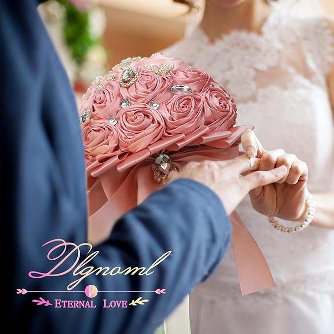 Artificial Everlasting Flower Hand Bouquet for Weddings and Photo Shoots, Crystal Peplum, Pink Rose Satin, Pearl Embellishments, Ribbon to Match, No Watering (Pink)