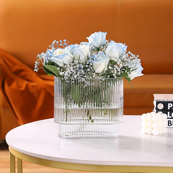 Ribbed Vase, Fluted Glass Vase for Flowers, Clear Flower Vases for Tulips, Modern Vases for Living Room, Dining Table, Office, Bedroom, Mantle, Shelf, Wedding, 7 Inch