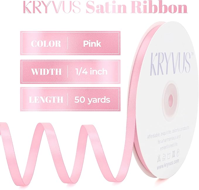 Pink Satin Ribbon, Double Faced 1/4 Inch X 50 Yards Pink Ribbon, Premium Satin Ribbon for Gift Wrapping, Crafts, Hair Bow Making, Sewing, Flower Bouquet, Wedding Party Decor