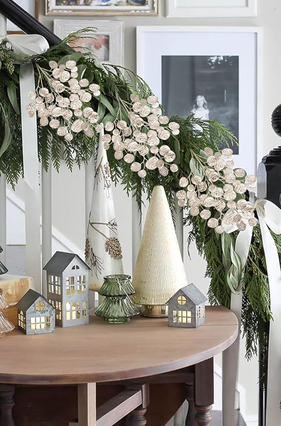 Hollyone 24.8” Christmas Tree Picks and Sprays 3Pcs Champagne Artificial Eucalyptus Stems Eucalyptus Silver Dollar Leaves Branches Floral for Xmas Tree Garland Wreath Centerpieces Wedding Decor